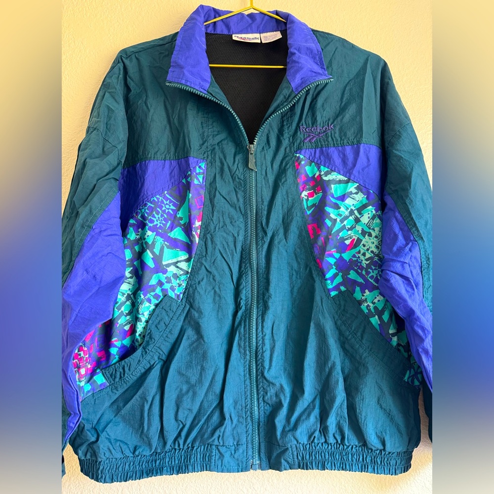 Vintage Reebok Windbreaker Jacket Colorblock Print 90s Retro Zip Pockets Sz: XL